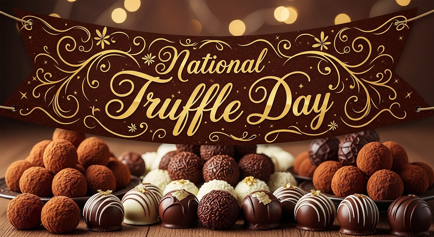 National Truffle Day Celebration: Gourmet Chocolate Truffles Display with Festive Banner - Feature Image May 169