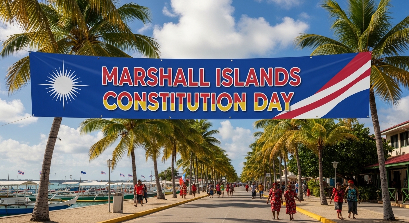 Marshall Islands Constitution Day Banner on Tropical Street with Celebrants & Palm Trees - Feature Image May 17