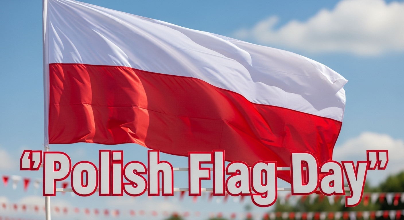 Waving Polish National Flag and 'Polish Flag Day' Text on a Bright Sunny Day - Feature Image May 170