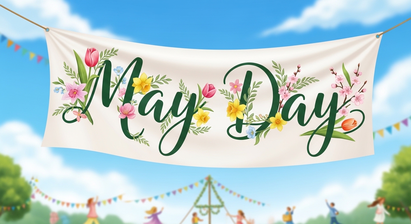 May Day Festive Banner with Spring Flowers, Maypole & Celebration in Park Setting - Feature Image May 18