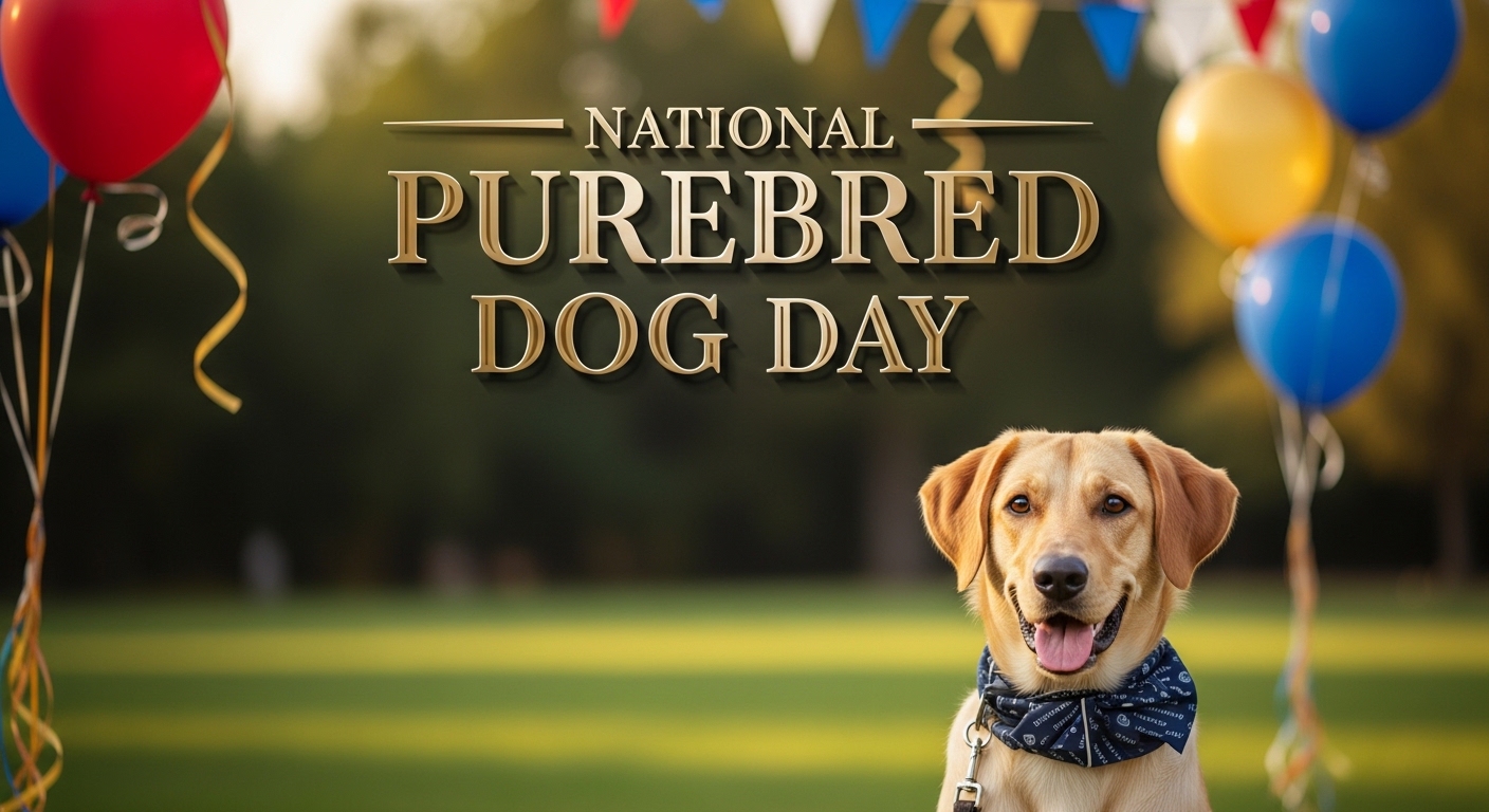 National Purebred Dog Day Banner with Smiling Canine and Festive Balloons - Feature Image May 23