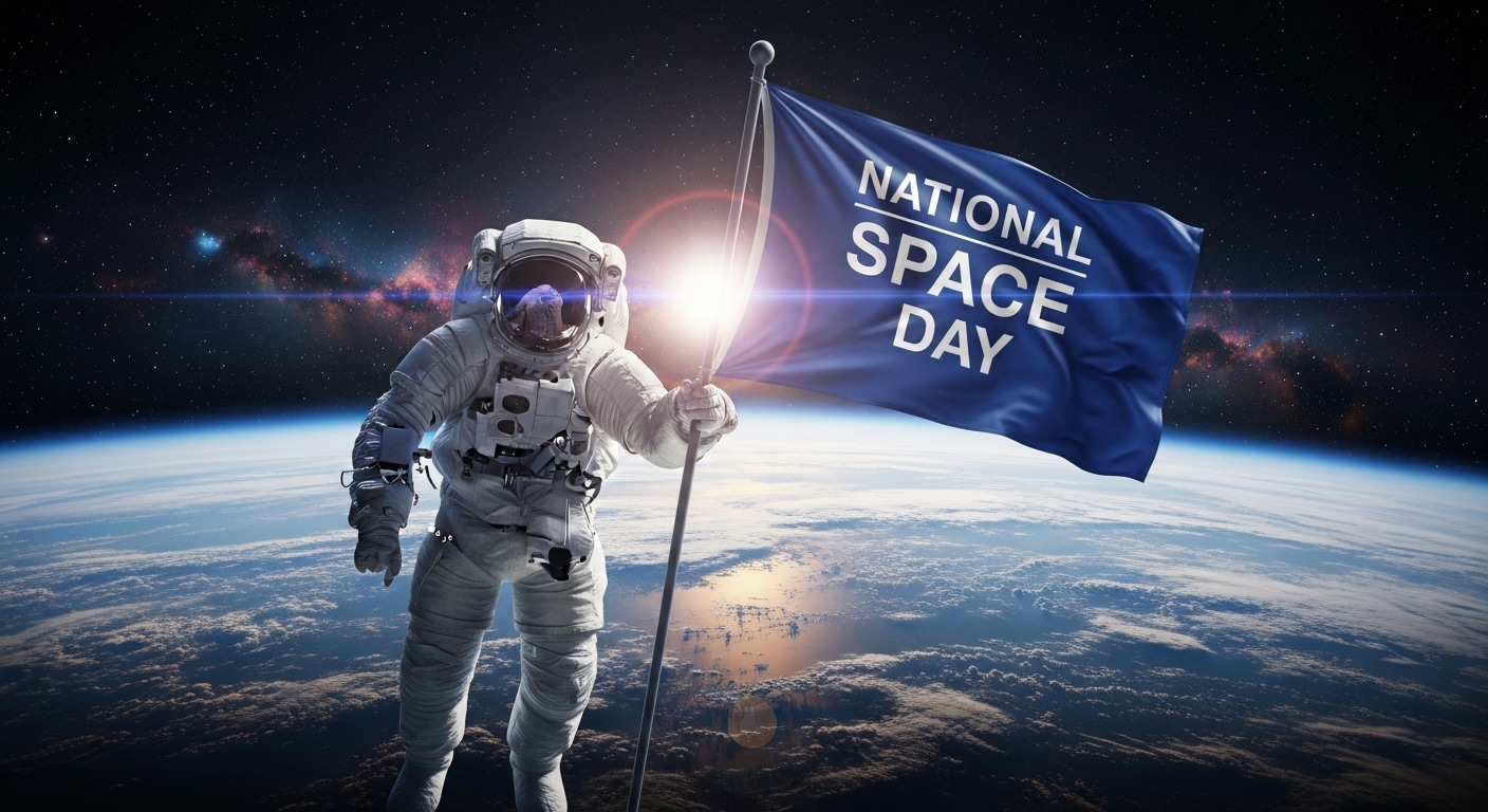 Astronaut Celebrating National Space Day in Orbit Above Earth - Feature Image May 24
