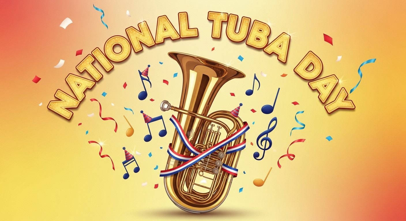 National Tuba Day Celebration Banner with Musical Instrument and Festive Elements - Feature Image May 26