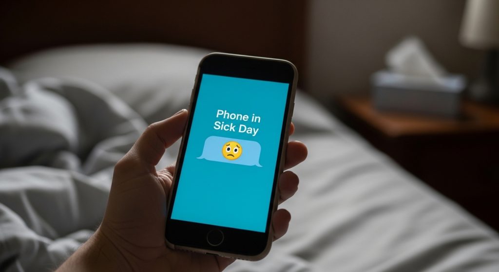 Hand Holding Phone with Sick Day Message and Sad Emoji in Bed - Feature Image May 27