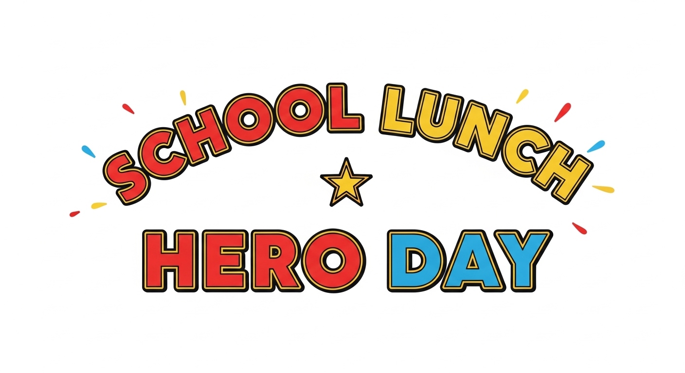 Vibrant 'School Lunch Hero Day' typography with star and colorful accents on white - Feature Image May 29
