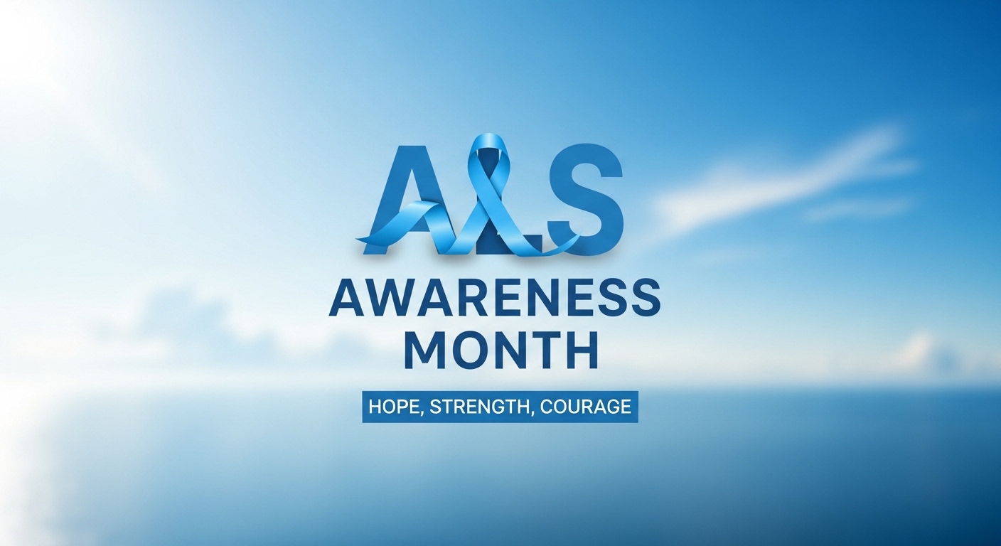 ALS Awareness Month Blue Ribbon. Amyotrophic Lateral Sclerosis Support & Hope Message. - Feature Image May 33