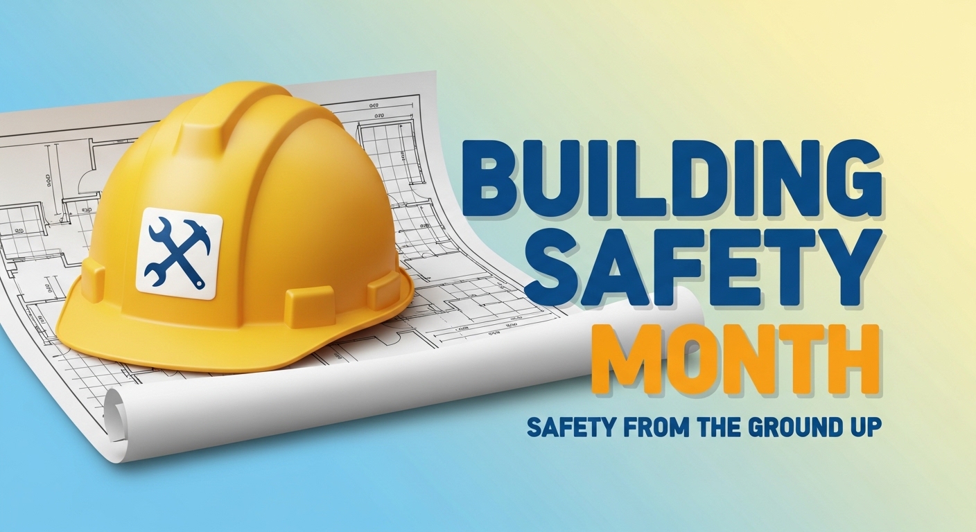Building Safety Month concept with hard hat, blueprints, and text on a vibrant background - Feature Image May 46