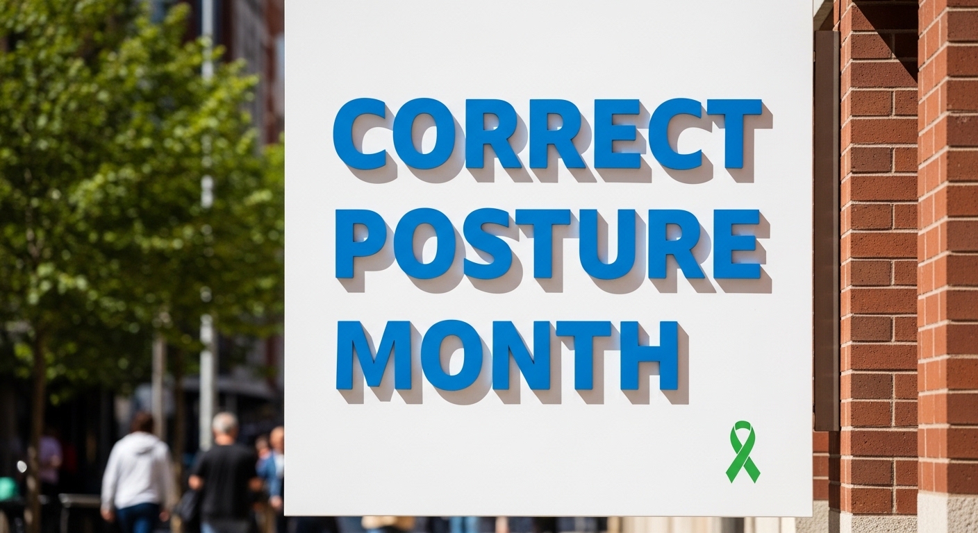 Correct Posture Month Sign with Green Awareness Ribbon on a Brick Building - Feature Image May 52