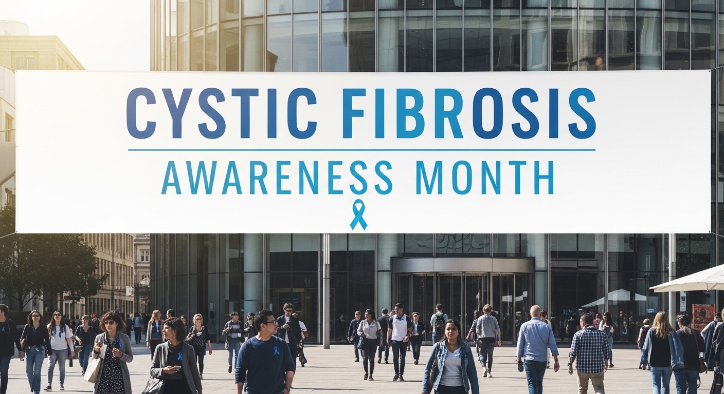Cystic Fibrosis Awareness Banner in Bustling City Square with Pedestrians - Feature Image May 54