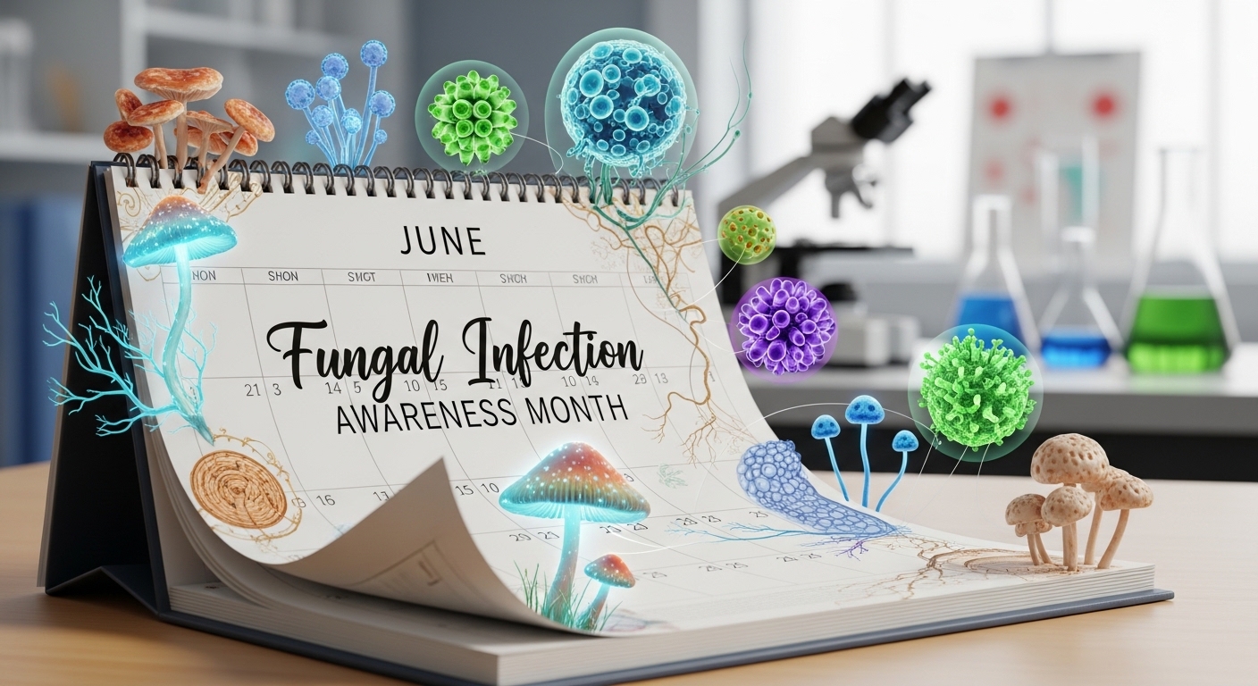 Fungal Infection Awareness Month Calendar with Microbes and Mushrooms in Lab Setting - Feature Image May 61