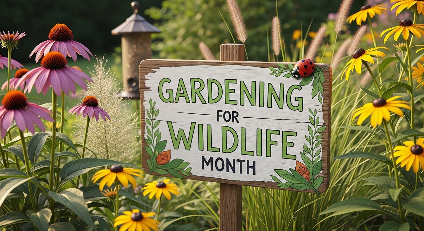 Gardening for Wildlife Month Sign with Ladybug, Coneflowers, and Black-Eyed Susans - Feature Image May 62