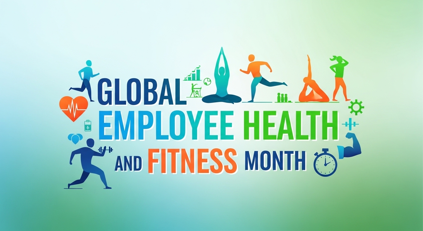 Global Employee Health and Fitness Month banner with diverse activity icons - Feature Image May 65
