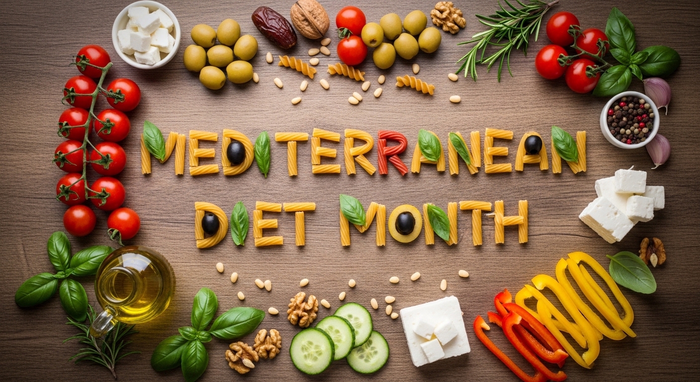Mediterranean Diet Month Text Formed by Pasta and Fresh Ingredients - Feature Image May 92