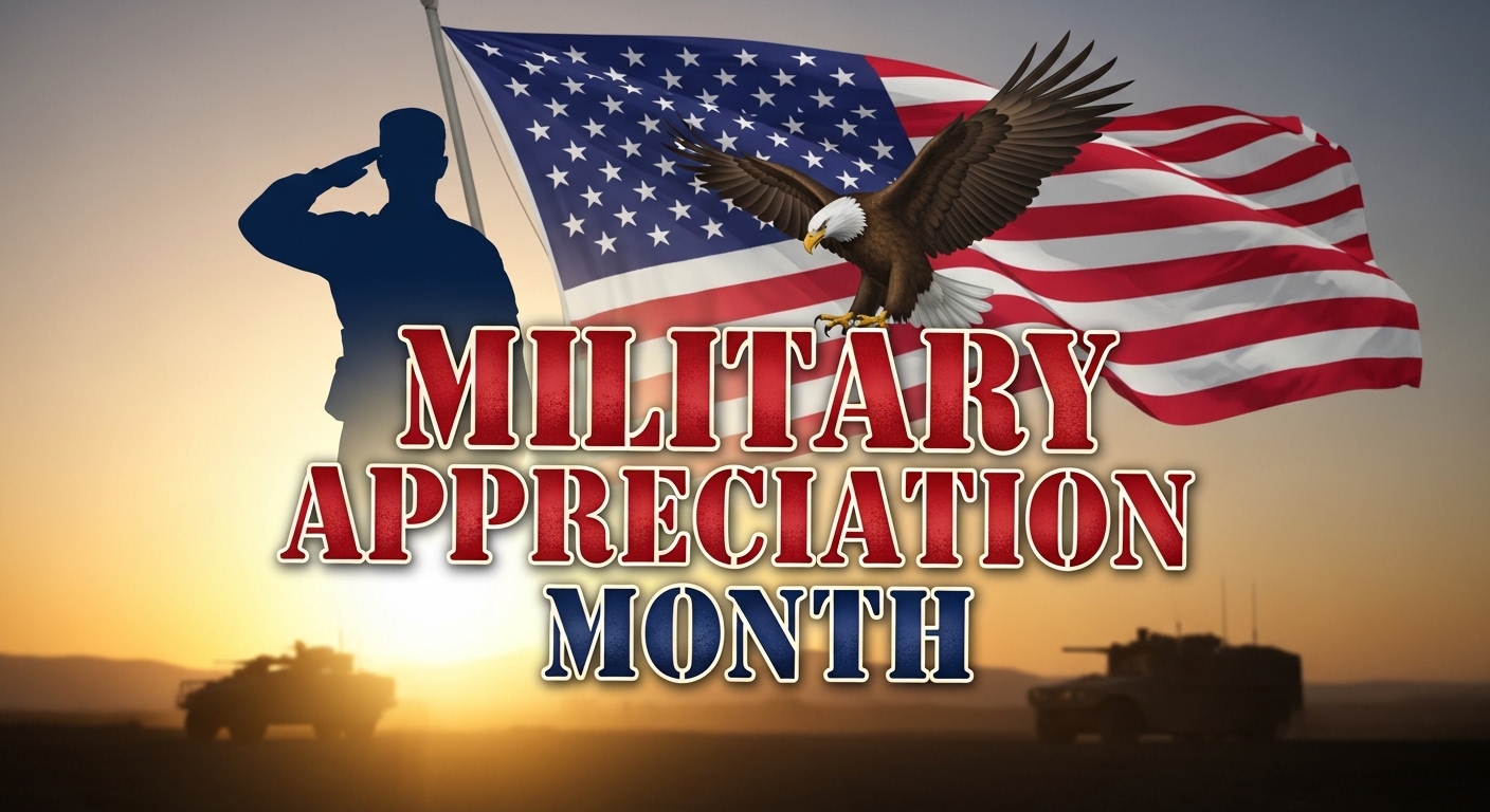 Military Appreciation Month: US Flag, Eagle, Soldier Salute Honoring Armed Forces & Veterans - Feature Image May 95