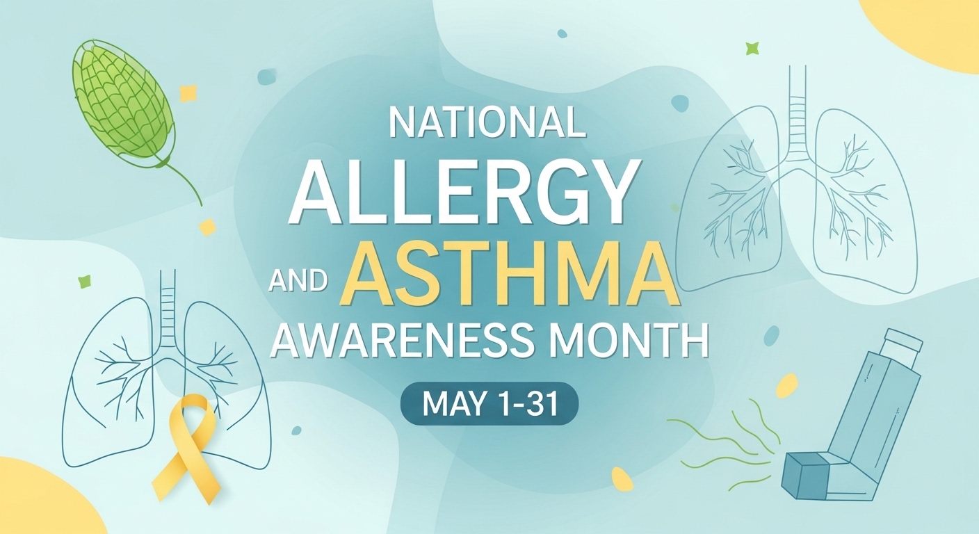 National Allergy and Asthma Awareness Month. May Health Campaign with Lungs and Inhaler. - Feature Image May 97