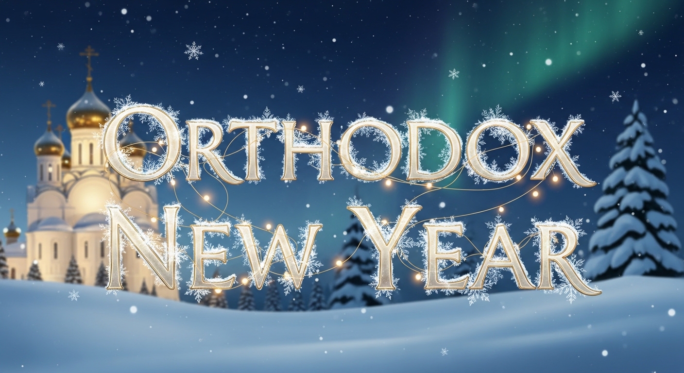 Orthodox New Year: Snowy Church, Aurora & Festive Text - Feature Imahge Jan 219
