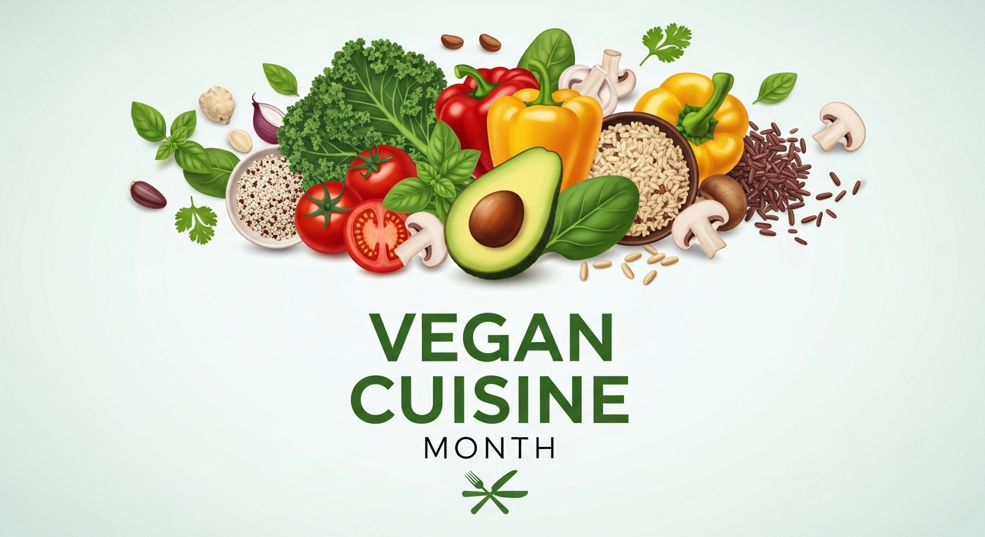 Vegan Cuisine Month Banner: Healthy Eating, Fresh Vegetables, and Plant-Based Ingredients - Feature Imagefeb 01 12