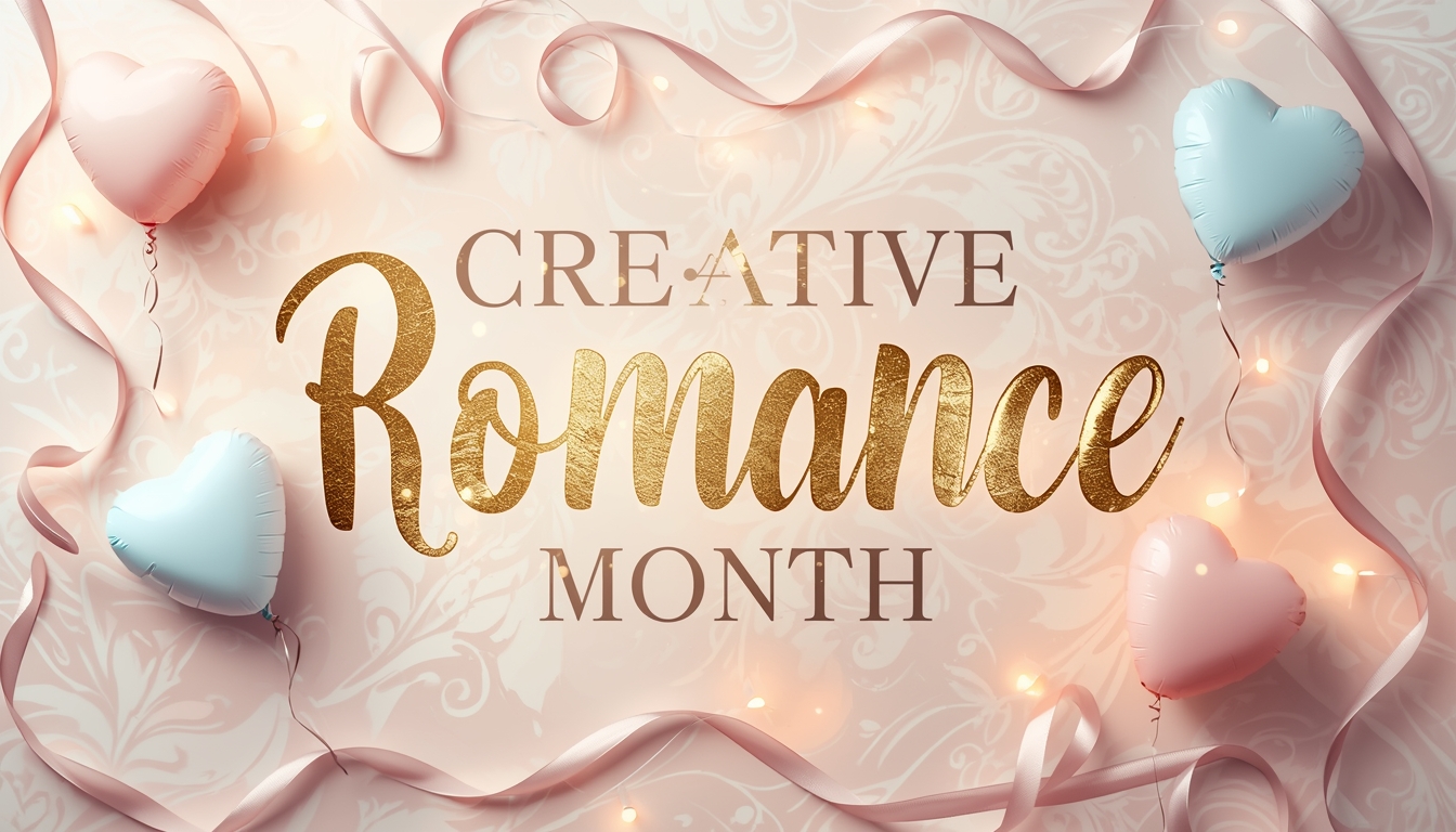 Creative Romance Month: Golden Text, Heart Balloons & Ribbons on Pastel Background - Feature Imagefeb 01 2