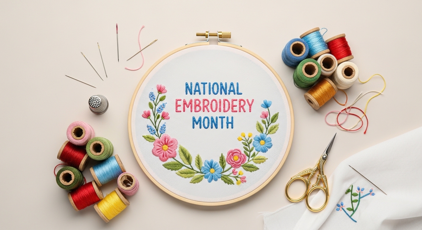 National Embroidery Month Celebration with Colorful Craft Supplies Flat Lay - Feature Imagefeb 01 6