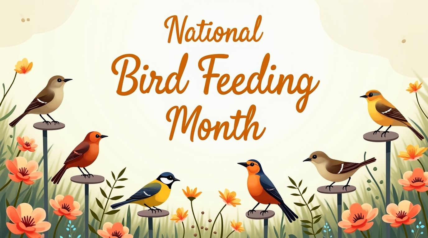 National Bird Feeding Month design featuring various songbirds among vibrant garden flora - Feature Imagefeb 01 7