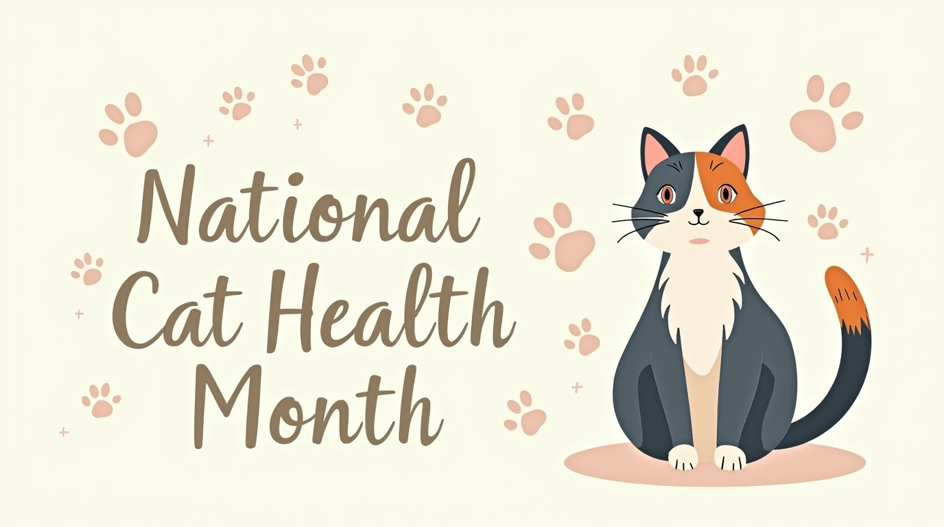 National Cat Health Month Illustration with Tricolor Feline and Paw Prints - Feature Imagefeb 01 8