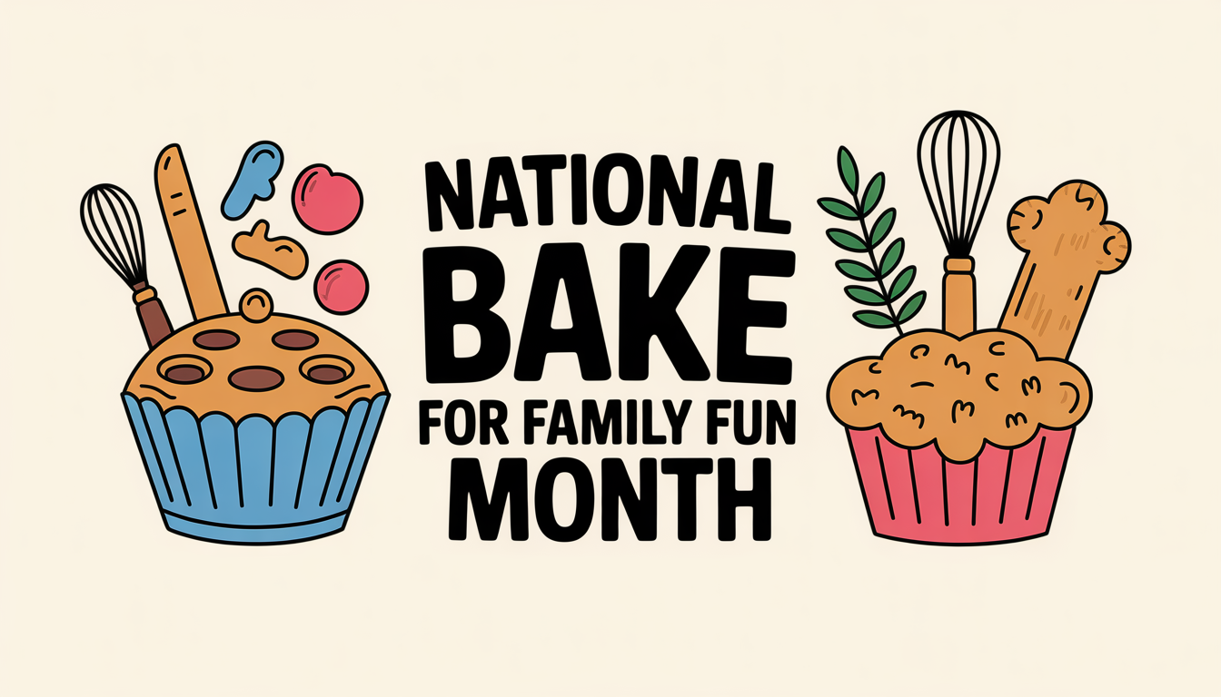 National Bake for Family Fun Month Celebration Graphic with Cupcakes and Tools - Feature Imagefeb 01 4