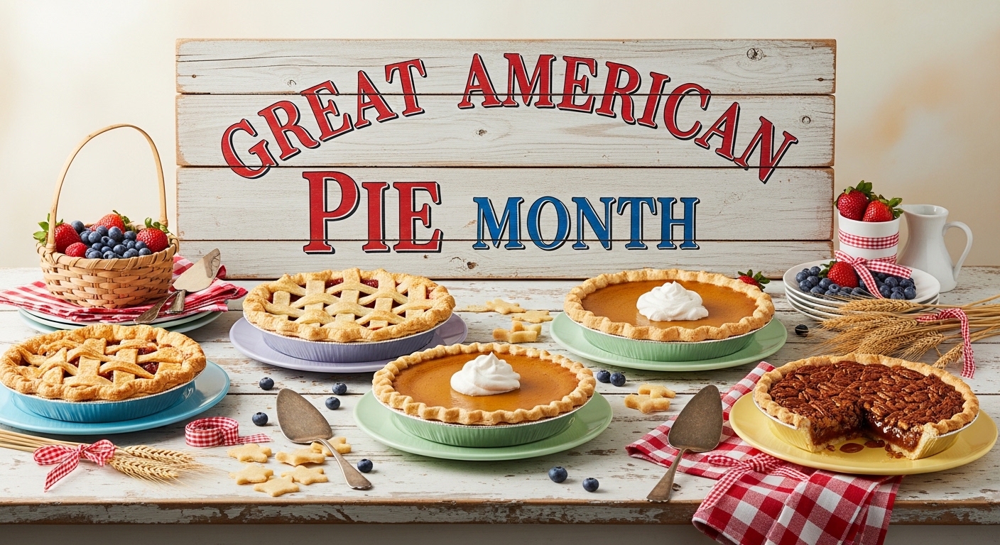 Great American Pie Month Celebration with Classic Dessert Assortment on Rustic Table - Feature Imagefeb 01 5
