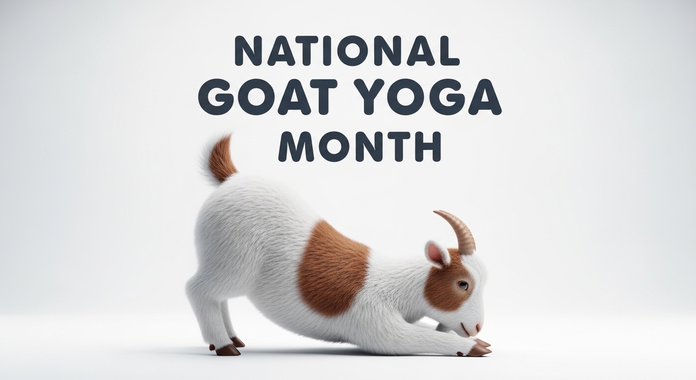National Goat Yoga Month: Playful Brown and White Goat Stretching in a Yoga Pose - Feature Imagefeb 01 6