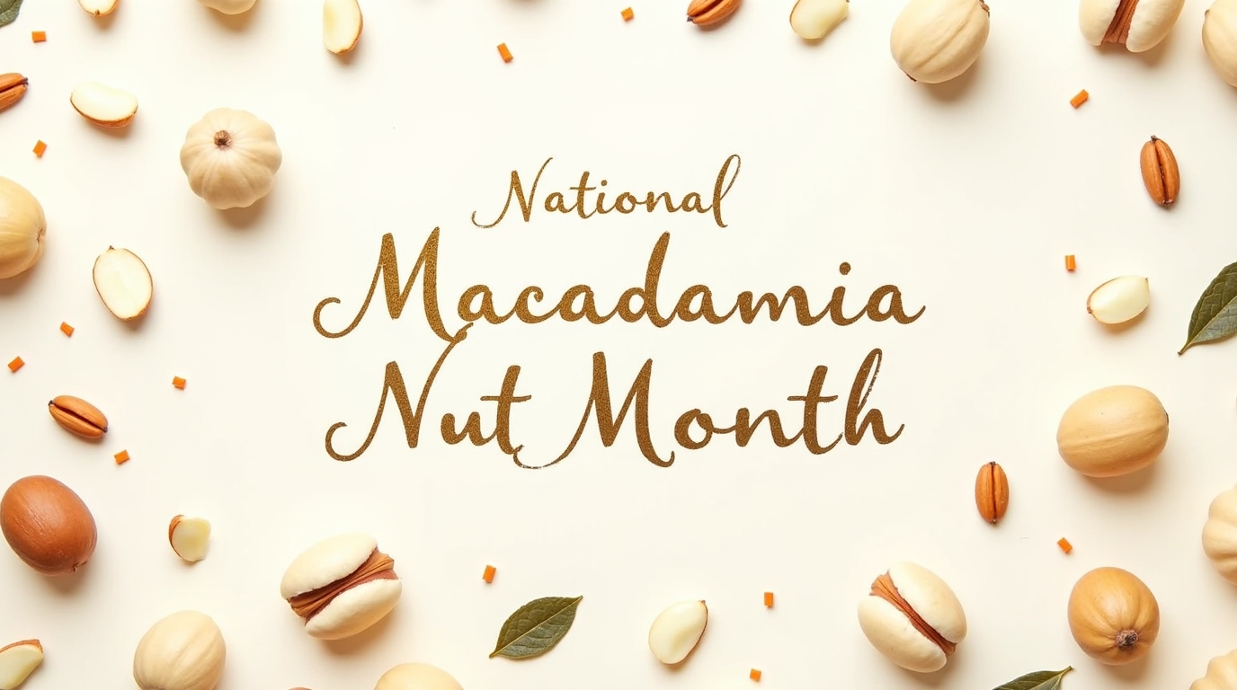 National Macadamia Nut Month Flat Lay: Gourmet Nuts & Leaves on Cream Background - Feature Imagefeb 01 6