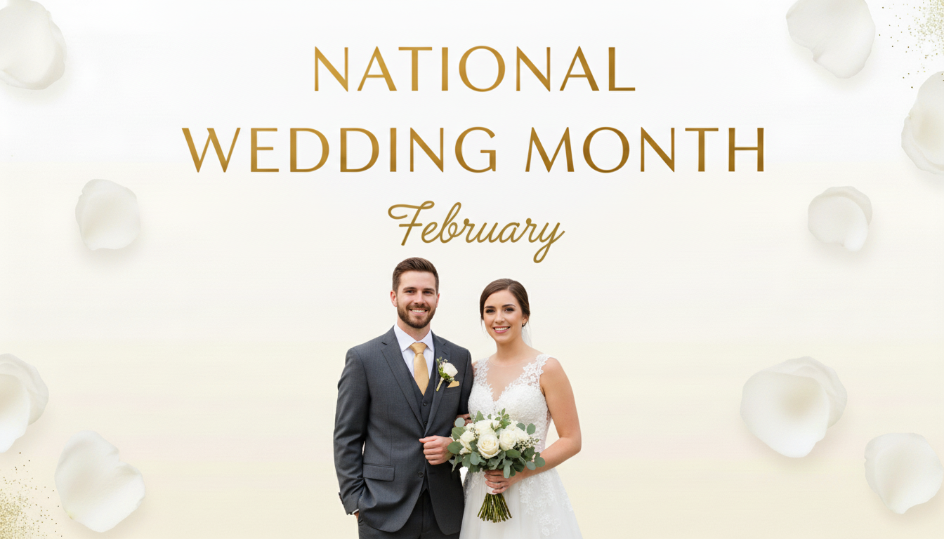 February Wedding Month: Cheerful Married Couple, Floral Bouquet & Petals - Feature Imagefeb 01 8