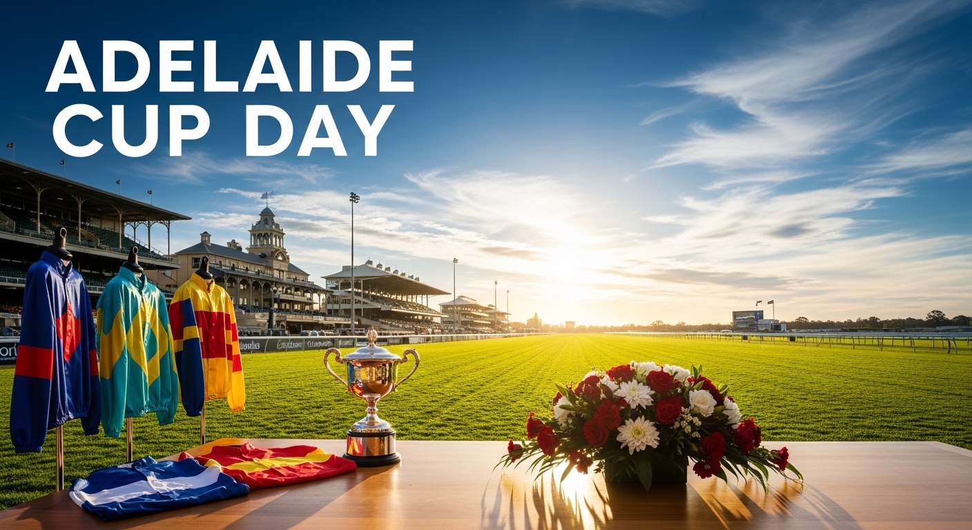 Adelaide Cup Day Event at Racetrack with Trophy, Jockey Silks, and Grandstands - Featured Image 208