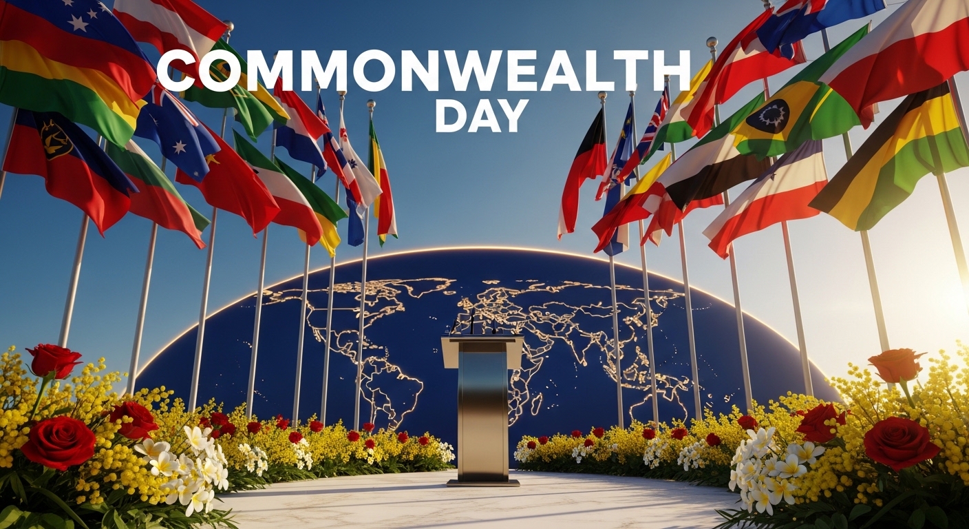 Commonwealth Day: International Flags, Podium, and World Map Representing Global Unity & Partnership - Featured Image 209