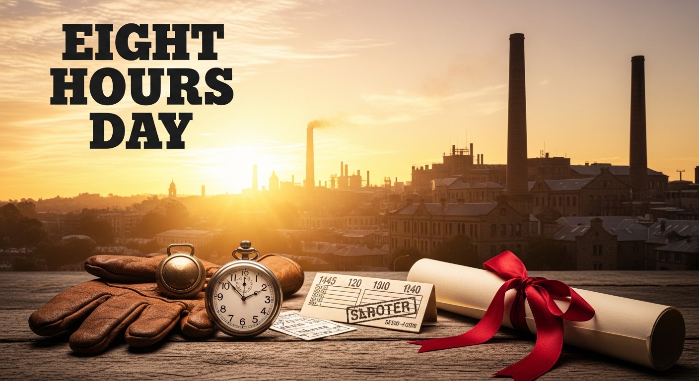 Eight Hours Day Concept with Industrial Skyline, Work Tools, and Sunset View - Featured Image 210