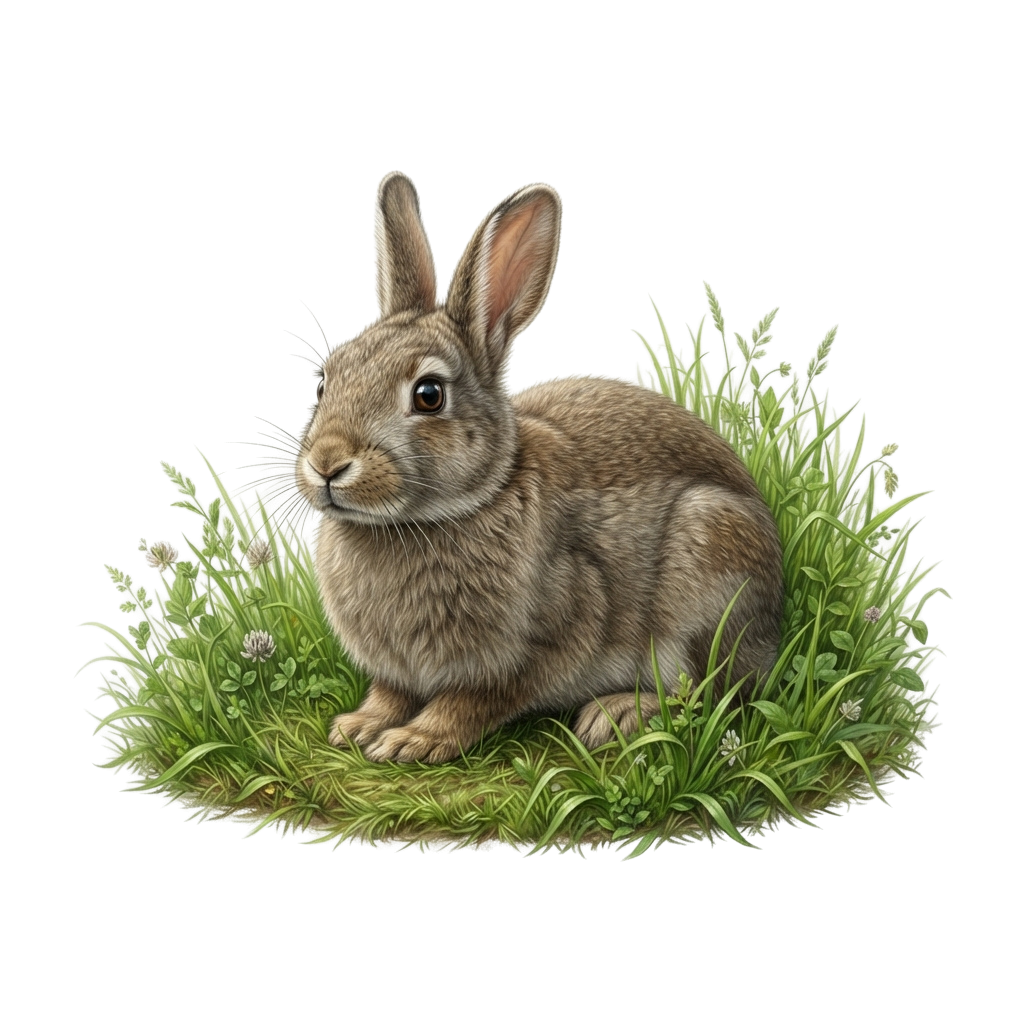 A brown rabbit sitting calmly in a patch of green grass with small white flowers