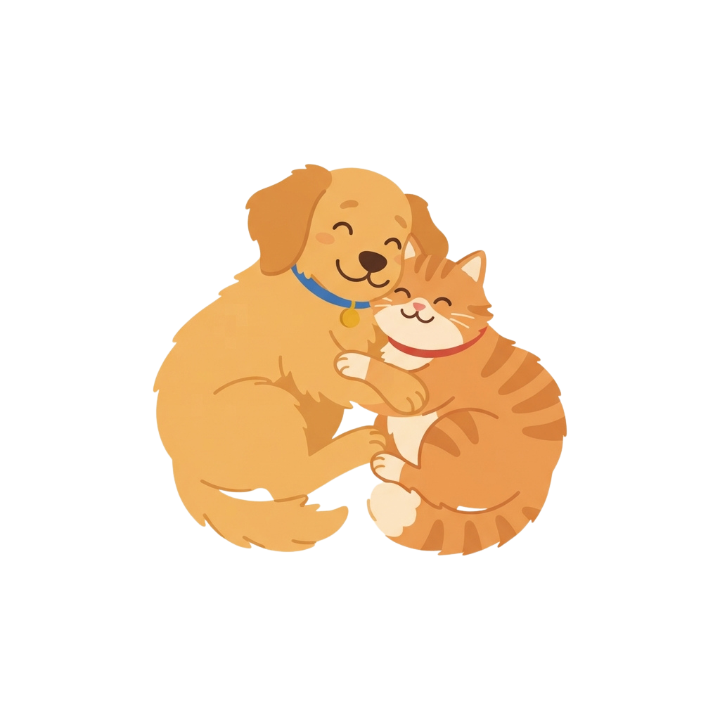 A cheerful cartoon dog and cat embracing each other with closed eyes, smiling happily.