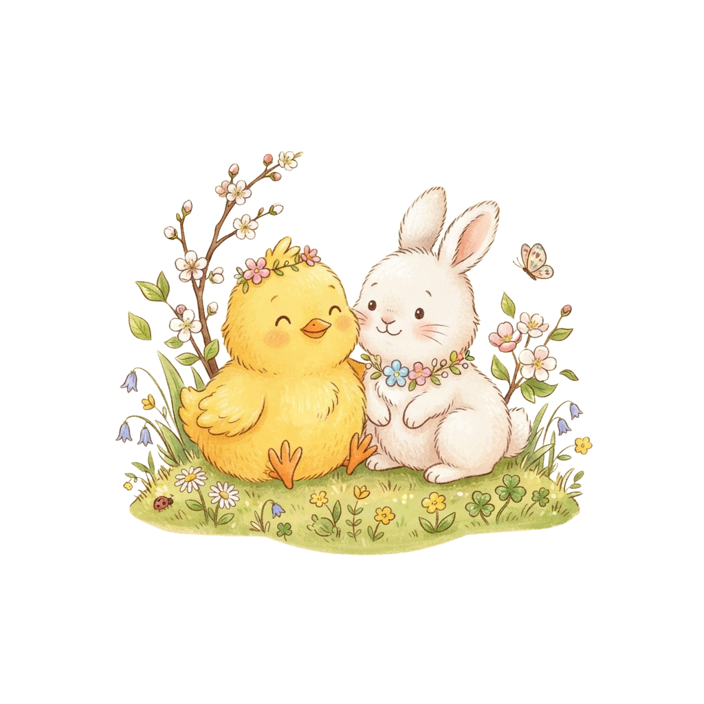 A cheerful yellow chick and a white bunny sitting close together in a garden with flowers and blooming branches
