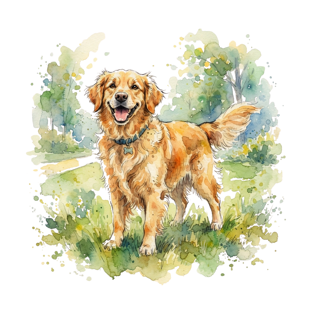 Watercolor painting of a smiling golden retriever dog standing in a grassy field with trees in the background