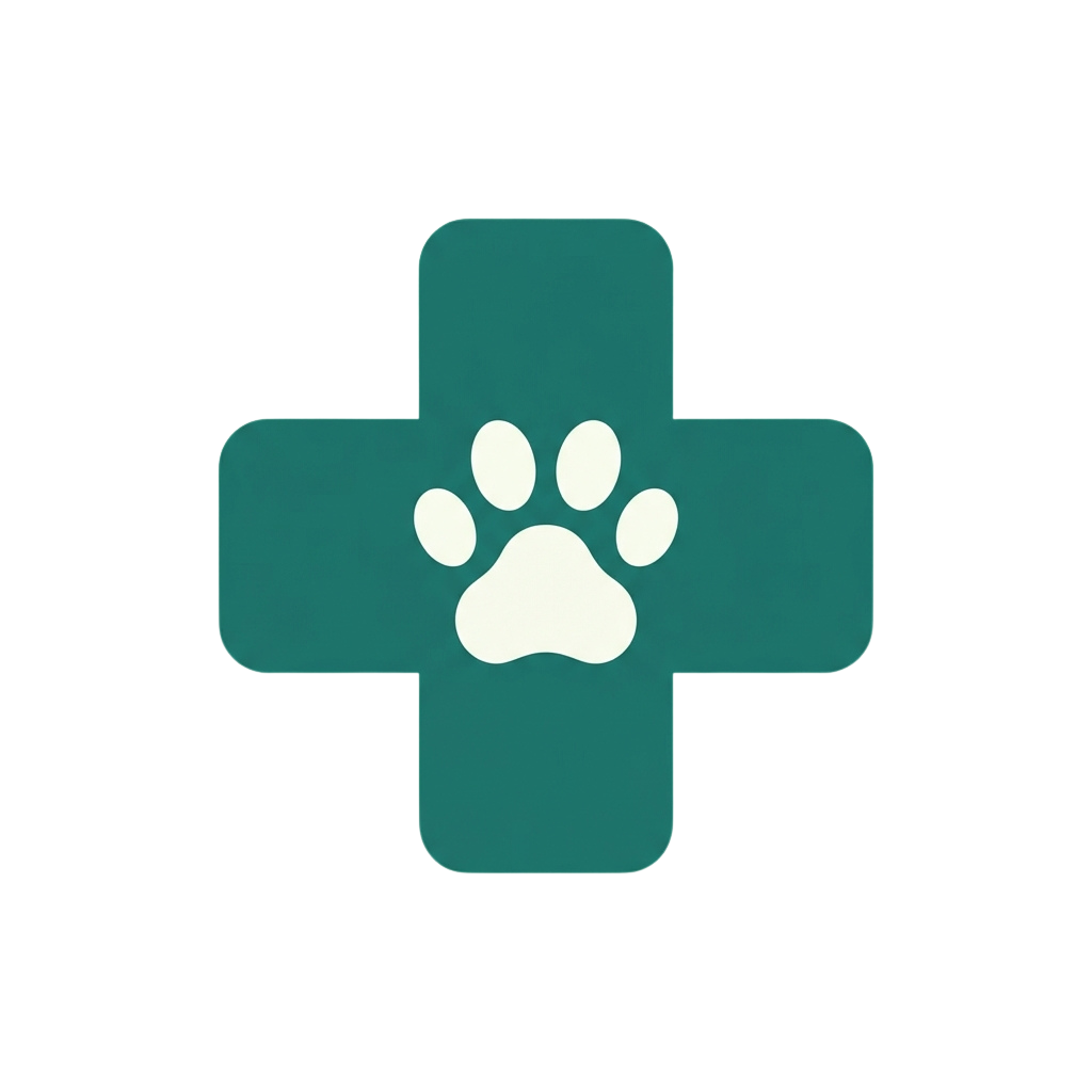 A teal cross shape with a white paw print in the center on a black background