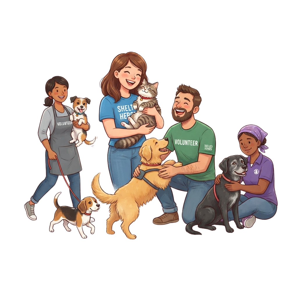 Four volunteers smiling while holding and petting adoptable dogs and a cat in an animal shelter