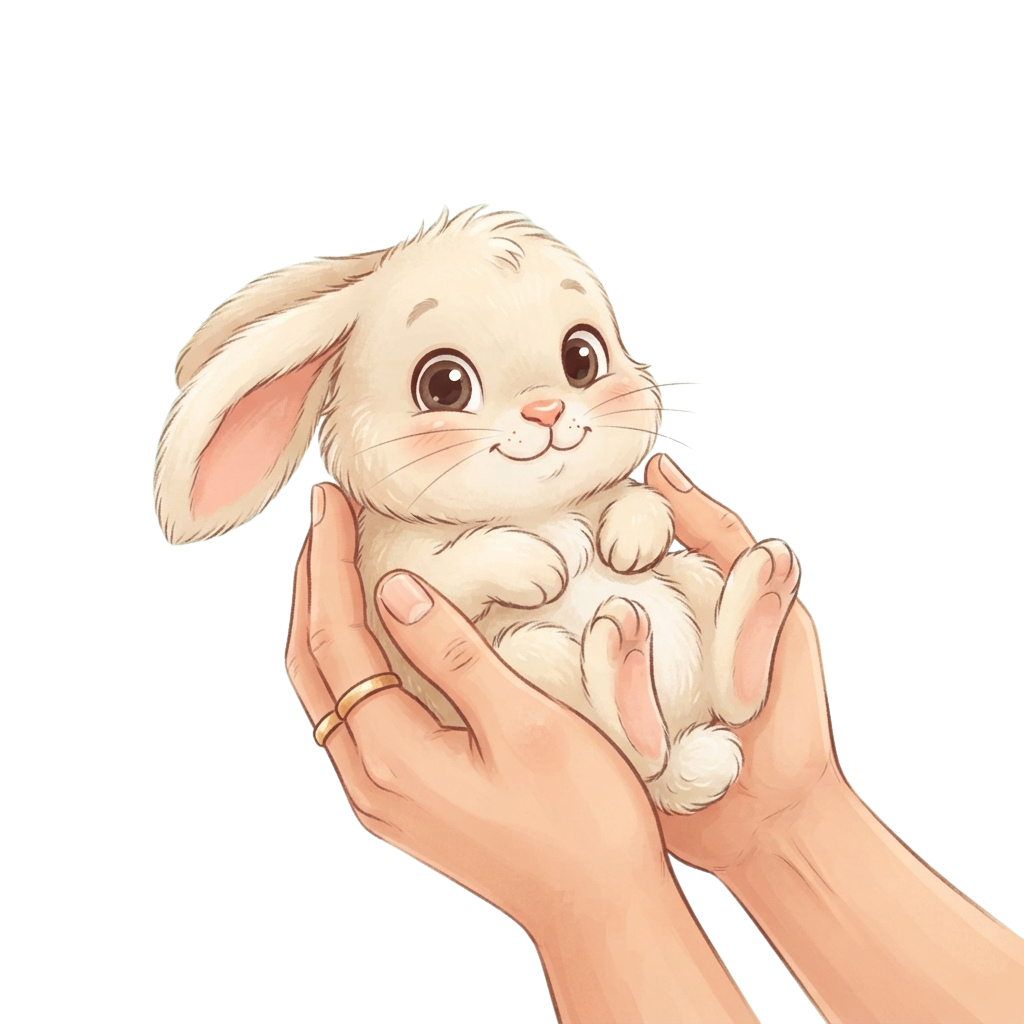 A small cartoon rabbit being held gently in two human hands, facing forward with large expressive eyes