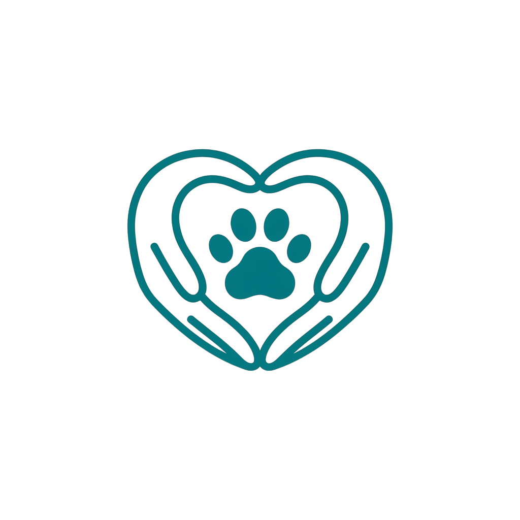 A heart shape containing a paw print symbol in teal color on a dark background