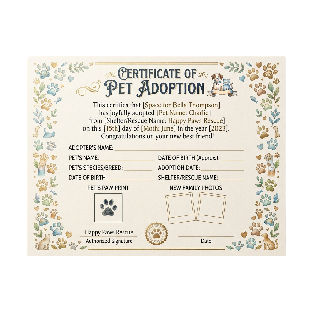 Certificate of pet adoption with paw prints and floral borders, featuring spaces for adopter and pet details