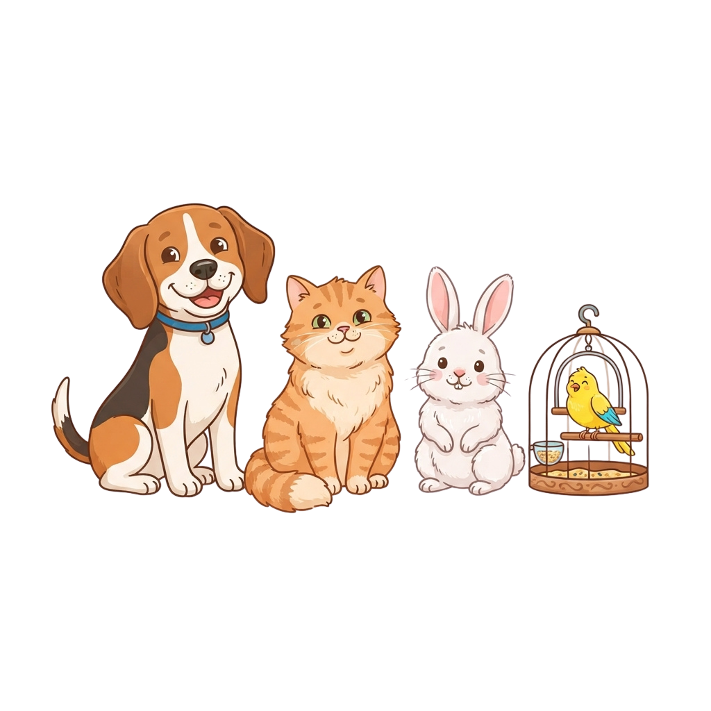 Illustration of a smiling dog, cat, rabbit, and bird in a cage sitting together