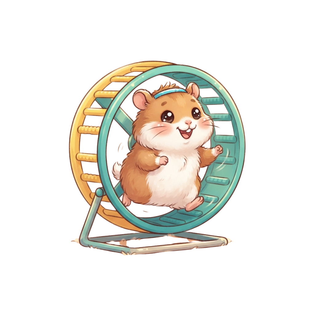 A cheerful cartoon hamster running inside a colorful exercise wheel.
