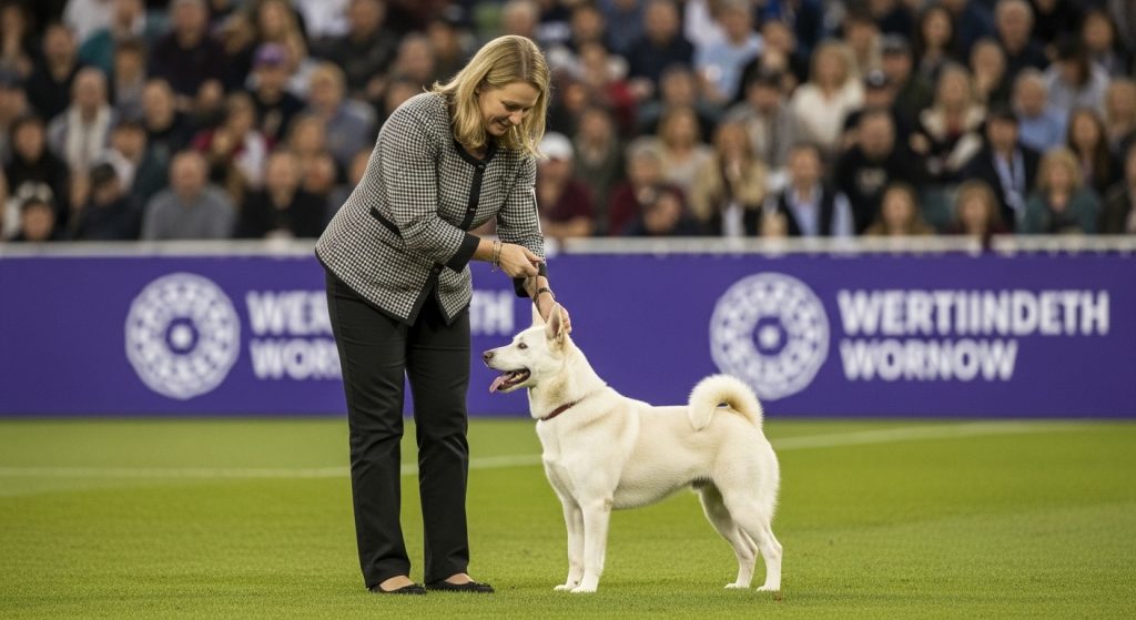 White dog and handler at a professional canine competition on green field with spectators - Fearure Image May 269