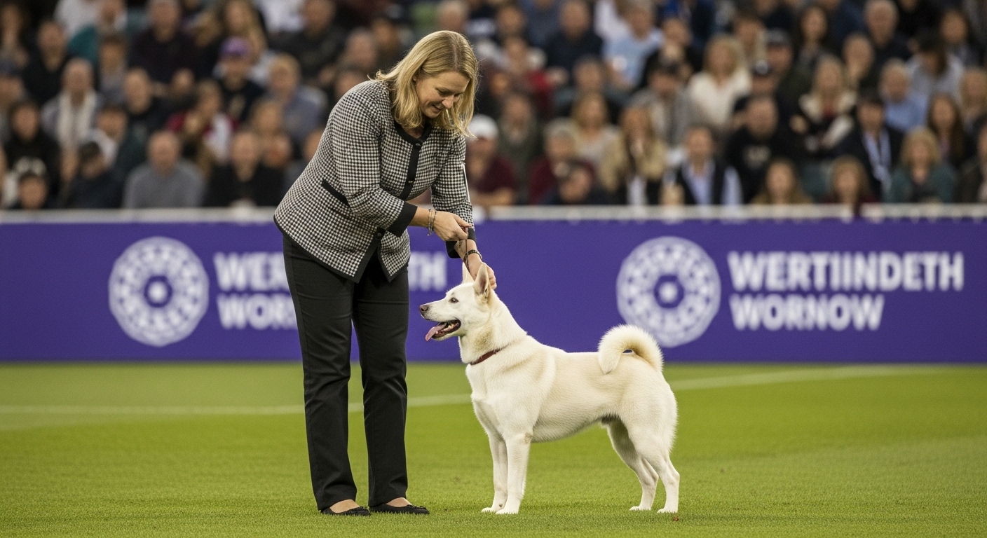 White dog and handler at a professional canine competition on green field with spectators - Fearure Image May 269