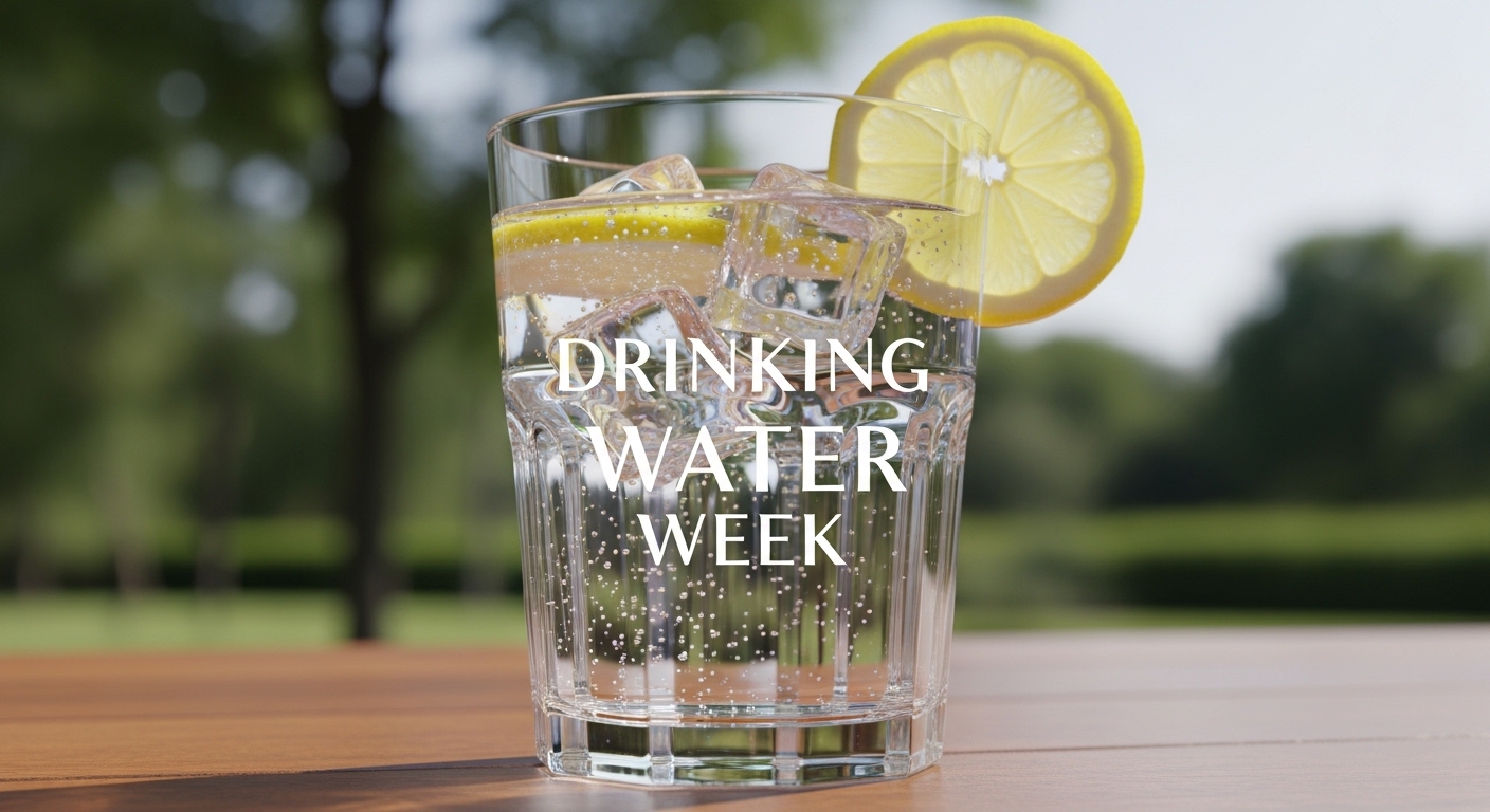 DRINKING WATER WEEK: Refreshing Glass, Ice Cubes, and Lemon Slice on a Sunny Outdoor Table - Feature Image Amy 198