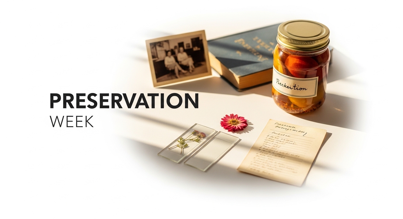 Preservation Week Concept: Vintage Items, Heirloom Photograph, Jar, Pressed Flowers - Feature Image Apr 412