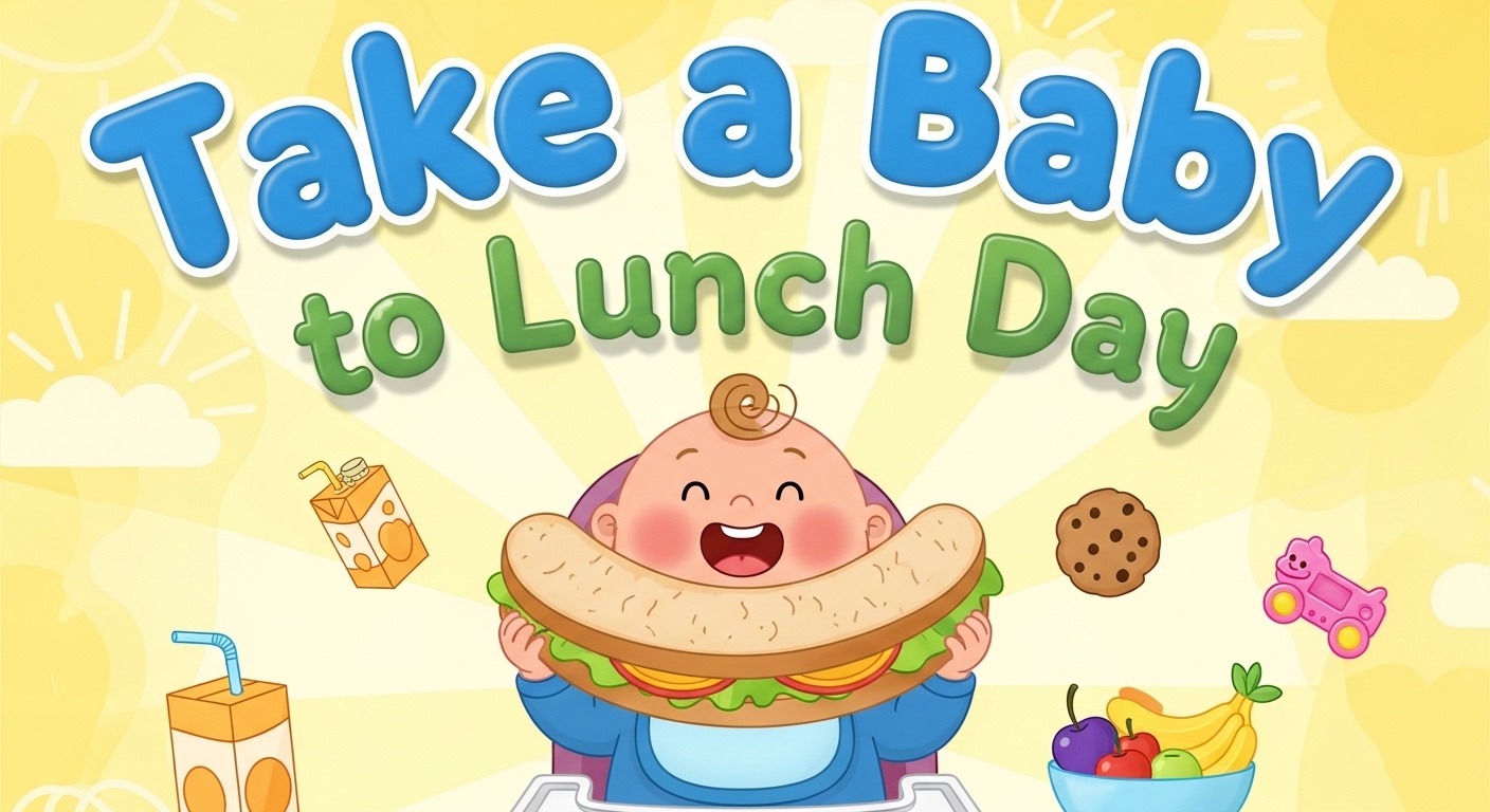 Take a Baby to Lunch Day: Cheerful Infant Illustration with Food and Playful Text - Feature Image May 171