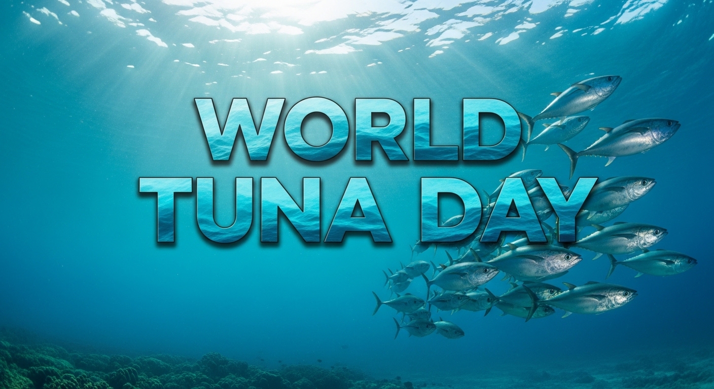 World Tuna Day marine life celebration in sunlit blue ocean with swimming tuna - Feature Image May 173